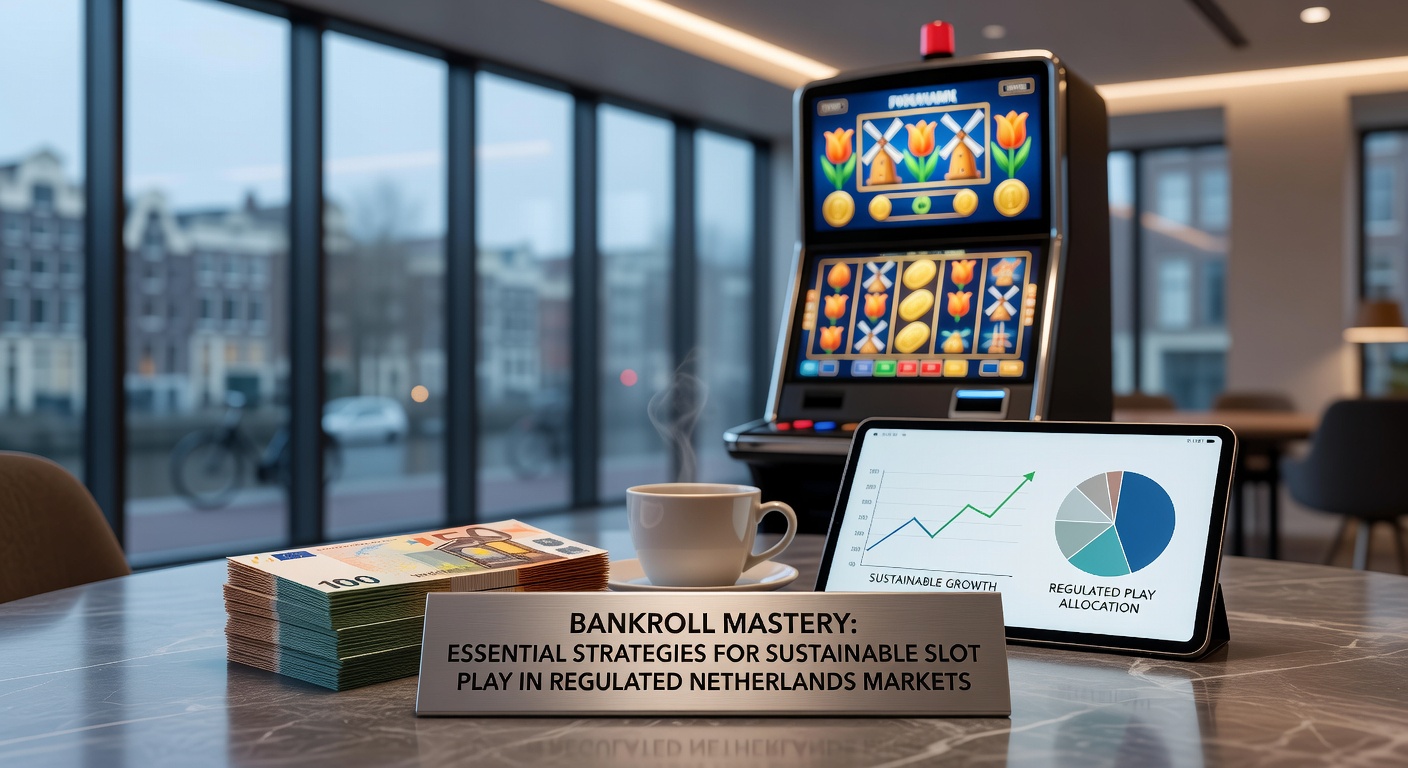 Grafiek met bankroll groeicurve en slots symbolen op een Nederlandse vlag achtergrond, illustrerend duurzame beheersing