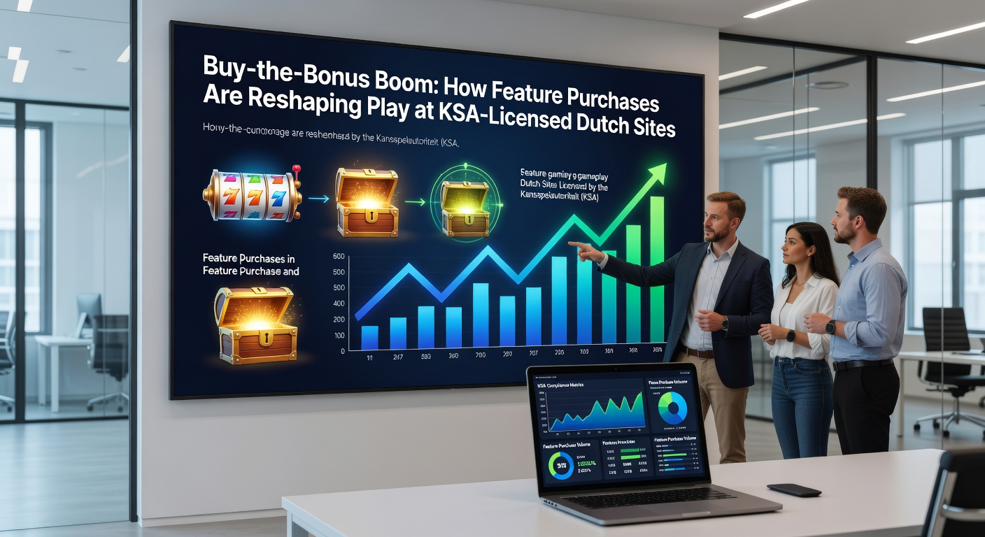 Grafiek met stijgende feature buy-activiteit op Nederlandse online casino platforms, met bonussen en spins in actie