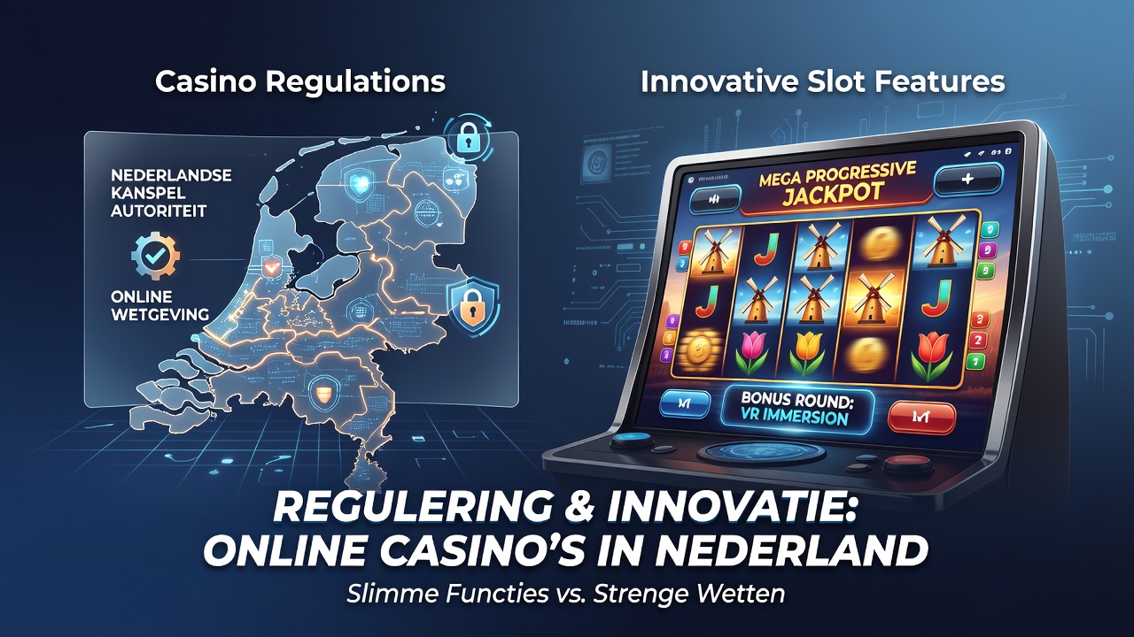 Overzicht van Nederlandse online casino interfaces met slot games en regulatie iconen