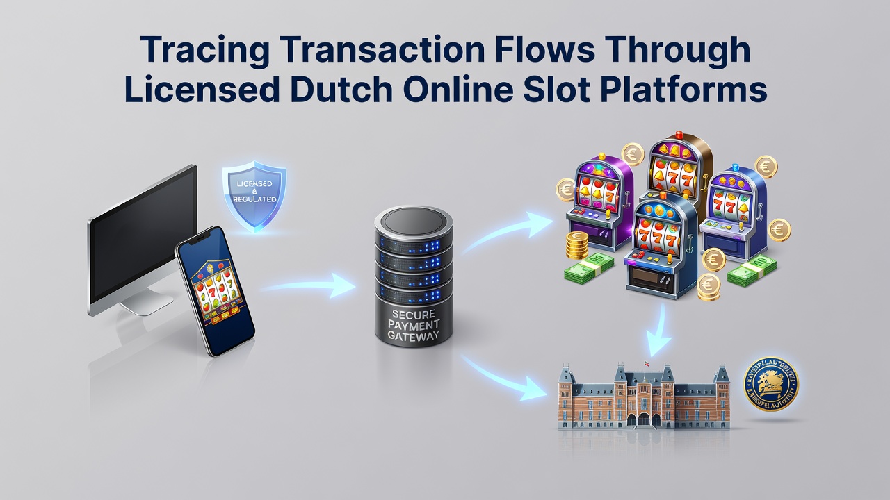 Diagram dat de transactiestroom van iDEAL-stortingen naar slotspellen en opnames op KSA-gelicentieerde platforms illustreert